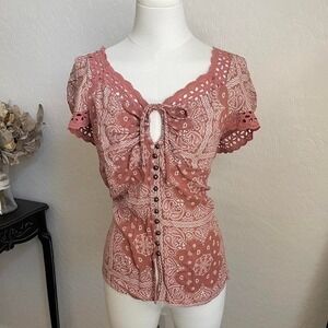 Willow + Root Paisley Blouse Womens XS Rose Pink Excellent Eyelet Boho Top